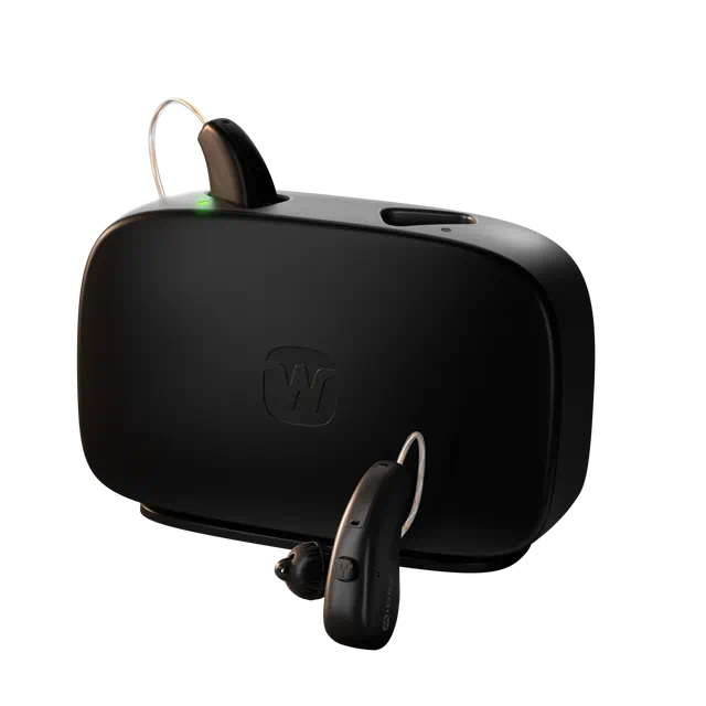 Widex Moment Sheer hearing rechargeable hearing aids in charger